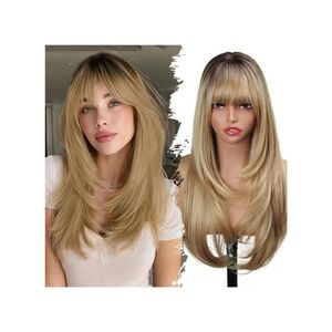 26" Long Ombre Blonde Layered Wig with Bangs 4x4 Realistic Scalp Natural